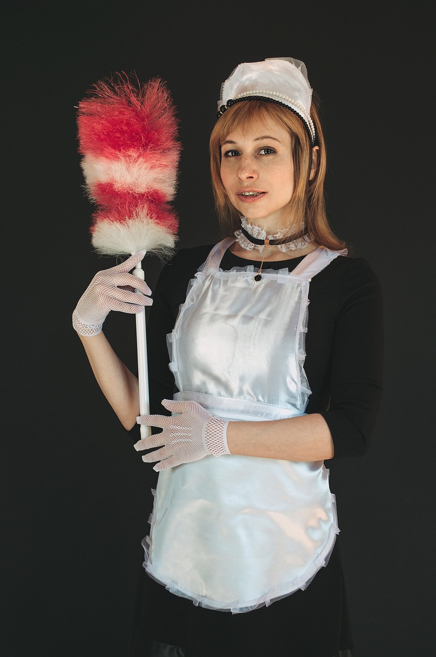 Een vrouw in een schattige dienstmeisjesoutfit met een zilveren schort en een witte hoofddoek. Ze houdt een plumeau vast met rode en witte veren. Haar gezicht is vriendelijk en ze kijkt recht in de camera. Ze draagt ook witte netstofhandschoenen en heeft een lichte haarkleur. De achtergrond is donker, wat de focus op haar uiterlijk benadrukt.